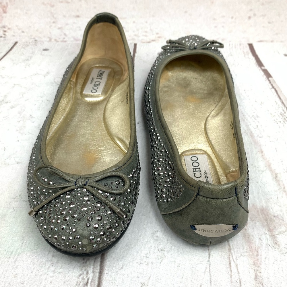 JIMMY CHOO gray flats 371/2 (71/2) bejeweled w/bow - Picture 2 of 7